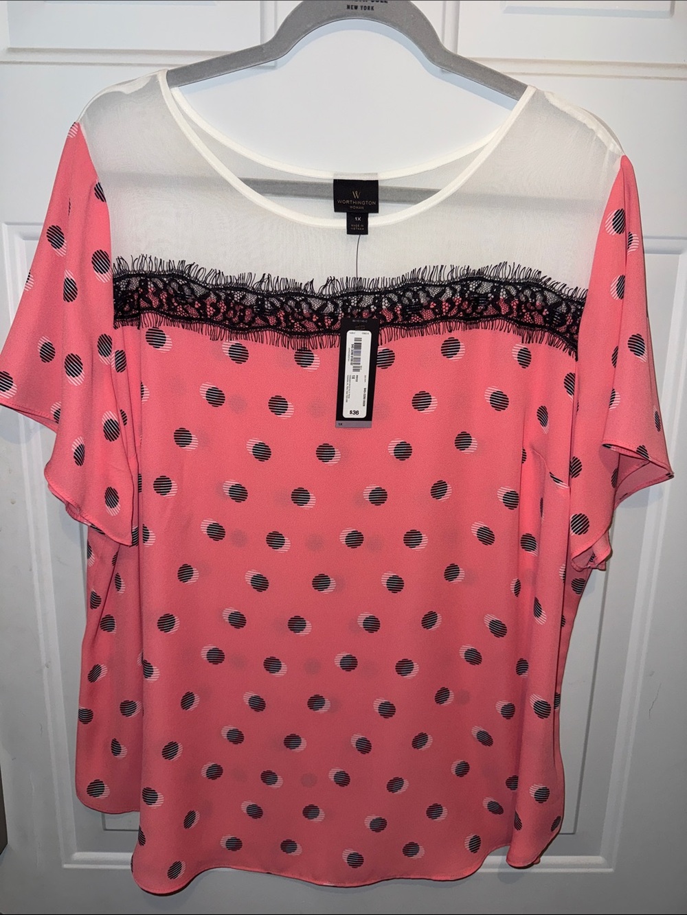 Worthington Coral and Black Polka Dot Lace-Trim Blouse
